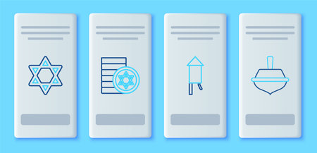 Set line Jewish coin Firework rocket Star of David and Hanukkah dreidel icon. Vector.のイラスト素材