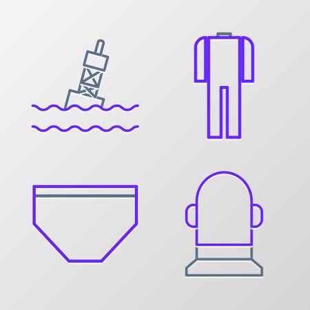 Set line Buoy Swimming trunks Wetsuit for scuba diving and Floating buoy on the sea icon. Vector.のイラスト素材