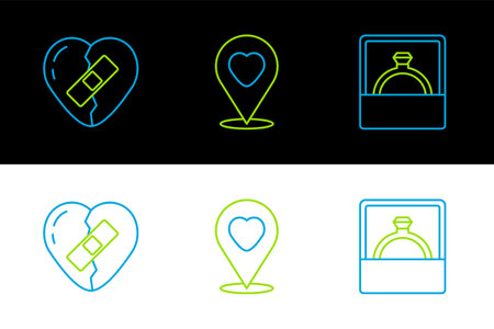 Set line Diamond engagement ring Healed broken heart and Location with icon. Vector.のイラスト素材