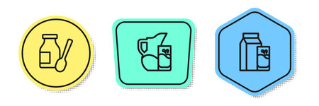 Set line Drinking yogurt in bottle, Milk jug or pitcher and glass and Paper package for kefir. Colored shapes. Vector.のイラスト素材