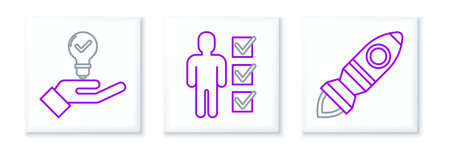 Set line Rocket ship with fire Light bulb in hand and User of man business suit icon. Vector.