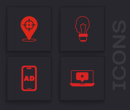 Set Laptop with star, Target, Light bulb concept of idea and Advertising icon. Vector.のイラスト素材