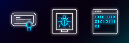 Set line Binary code Certificate template and Insects frame icon. Glowing neon. Vector.のイラスト素材