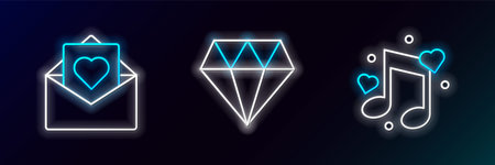 Set line Music note tone with hearts Envelope Valentine and Diamond icon. Glowing neon. Vector.のイラスト素材