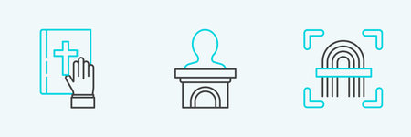 Set line Fingerprint Oath on the Holy Bible and Stage stand or debate podium rostrum icon. Vector.