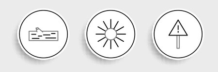 Set line Exclamation mark in triangle Wooden log and Sun icon. Vector.