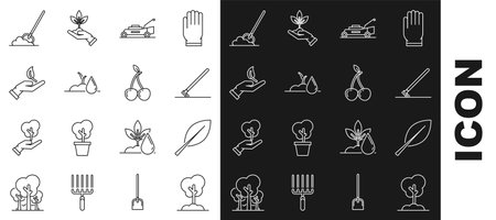 Set line Tree in the ground Leaf Garden rake work Lawn mower Watering sprout Sprout hand of environmental protection Shovel and Cherry icon. Vector.のイラスト素材