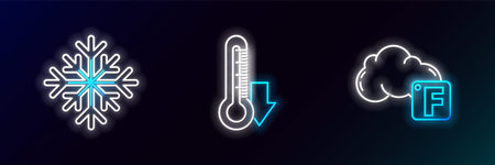Set line Fahrenheit and cloud Snowflake and Thermometer icon. Glowing neon. Vector.のイラスト素材