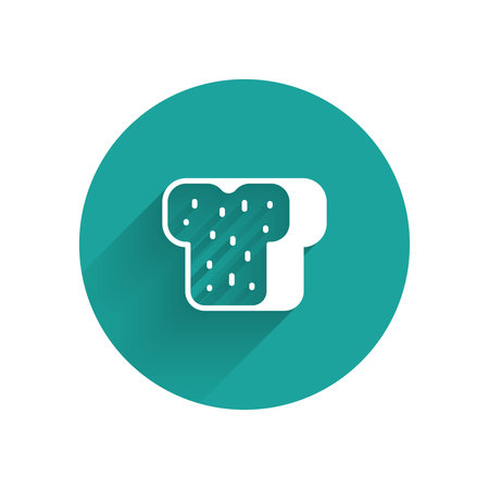 White Bread toast for sandwich piece of roasted crouton icon isolated with long shadow. Lunch, dinner, breakfast snack. Green circle button. Vector.のイラスト素材