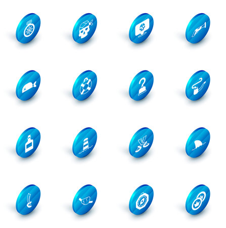 Set Pirate captain Skull Vintage pistol bandana for head Alcohol drink Rum Lifebuoy Smoking pipe and hook icon. Vector.のイラスト素材