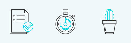 Set line Cactus and succulent in pot Document check mark and Briefcase icon. Vector.のイラスト素材