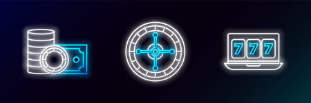 Set line Online slot machine with lucky sevens jackpot Casino chips and stacks money cash and roulette wheel icon. Glowing neon. Vector.のイラスト素材