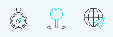 Set line Location on the globe Compass and Push pin icon. Vector.のイラスト素材