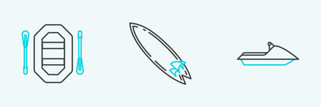 Set line Jet ski Rafting boat and Surfboard icon. Vector.のイラスト素材