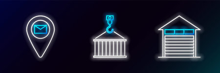 Set line Closed warehouse Placeholder on map paper and Container crane icon. Glowing neon. Vector.のイラスト素材