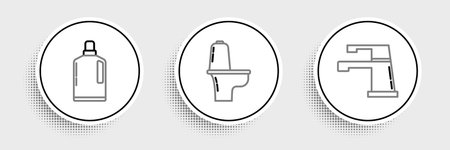 Set line Water tap Plastic bottles for liquid dishwashing liquid and Toilet bowl icon. Vector.のイラスト素材
