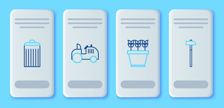 Set line Tractor Plants in pot Trash can and Hammer icon. Vector.のイラスト素材