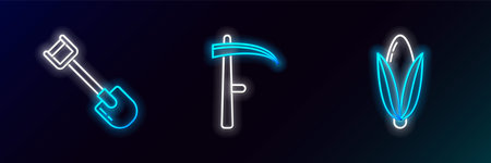 Set line Corn Shovel and Scythe icon. Glowing neon. Vector.のイラスト素材