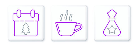 Set line Santa Claus bag gift Calendar and Coffee cup icon. Vector.のイラスト素材