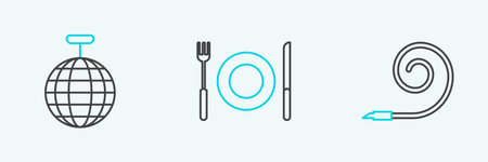 Set line Birthday party horn Disco ball and Plate fork and knife icon. Vector.のイラスト素材