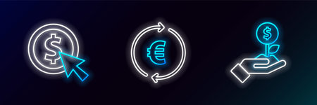 Set line Dollar plant Coin money with dollar and euro symbol icon. Glowing neon. Vector.のイラスト素材