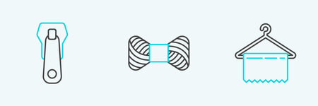 Set line Hanger wardrobe Zipper and Sewing thread on spool icon. Vector.のイラスト素材