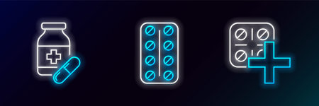 Set line Pills in blister pack Medicine bottle and pills and icon. Glowing neon. Vector.のイラスト素材