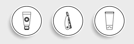 Set line Cream or lotion cosmetic tube and Straight razor icon. Vector.のイラスト素材