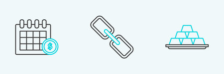 Set line Gold bars Financial calendar and Chain link icon. Vector.のイラスト素材