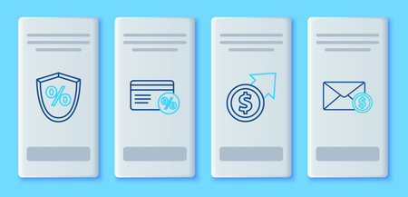 Set line Discount card with percent Financial growth and coin Loan and Envelope dollar icon. Vector.のイラスト素材