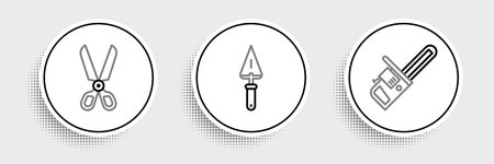 Set line Chainsaw Scissors and Trowel icon. Vector.のイラスト素材