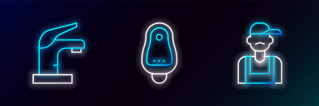 Set line Plumber Water tap and Toilet urinal or pissoir icon. Glowing neon. Vector.のイラスト素材