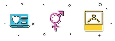 Set Dating app online, Gender and Diamond engagement ring icon. Vector.のイラスト素材