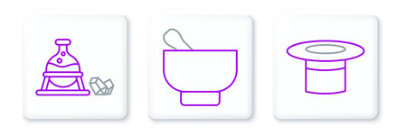 Set line Magician hat Witch cauldron and magic stone and mortar pestle icon. Vector.のイラスト素材