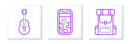 Set line Hiking backpack Guitar and City map navigation icon. Vector.のイラスト素材