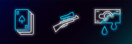 Set line Bloody money Playing cards and Sniper rifle with scope icon. Glowing neon. Vector.のイラスト素材