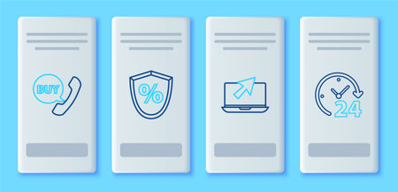 Set line Loan percent Laptop and cursor Phone speech bubble with Buy and Clock 24 hours icon. Vector.のイラスト素材
