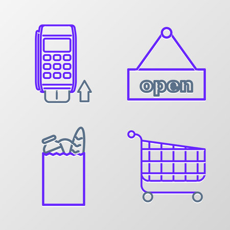Set line Shopping cart Paper shopping bag and food Hanging sign with text Open door and Pos terminal inserted credit card icon. Vector.のイラスト素材