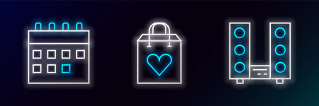 Set line Home stereo with two speakers Calendar and Shopping bag heart icon. Glowing neon. Vector.のイラスト素材