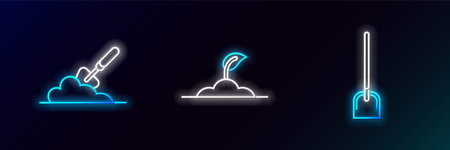 Set line Shovel Garden trowel spade or shovel in the ground and Sprout icon. Glowing neon. Vector.のイラスト素材
