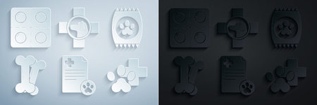 Set Clipboard with medical clinical record pet Bag of food for Dog bone Veterinary symbol and and pills icon. Vector.のイラスト素材