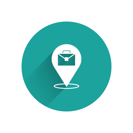 White Online working icon isolated with long shadow. Freelancer man working on laptop at his house. Remote work. Distant job concept. Green circle button. Vector.のイラスト素材