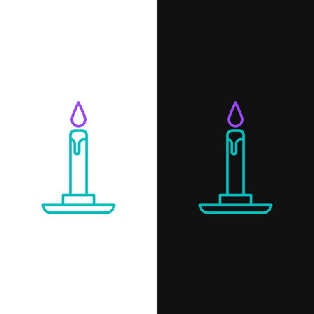 Line Burning candle in candlestick icon isolated on white and black background. Cylindrical candle stick with burning flame. Colorful outline concept. Vector.のイラスト素材