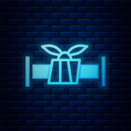 Glowing neon Industry metallic pipe icon isolated on brick wall background. Plumbing pipeline parts of different shapes. Vector.のイラスト素材