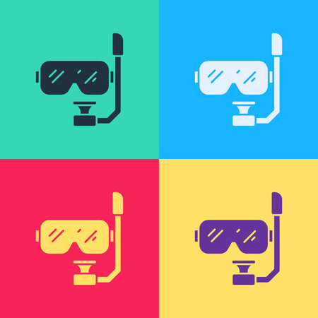 Pop art Diving mask and snorkel icon isolated on color background. Extreme sport. Diving underwater equipment. Vector.のイラスト素材