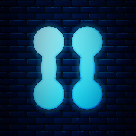 Glowing neon Dumbbell icon isolated on brick wall background. Muscle lifting icon, fitness barbell, gym, sports equipment, exercise bumbbell. Vector.のイラスト素材