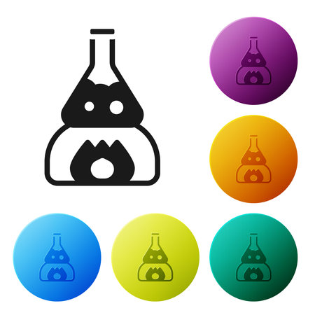 Black Glass test tube flask on fire heater experiment icon isolated on white background. Laboratory equipment. Set icons in color circle buttons. Vector.のイラスト素材