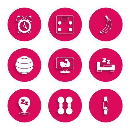 Set Bodybuilder muscle Dumbbell Smartwatch Time to sleep Sleepy Fitness ball Banana and Alarm clock icon. Vector.のイラスト素材