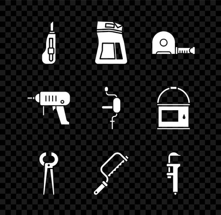 Set Stationery knife Cement bag Roulette construction Pincers and pliers Hacksaw Calliper or caliper scale Electric drill machine and Hand icon. Vector.のイラスト素材