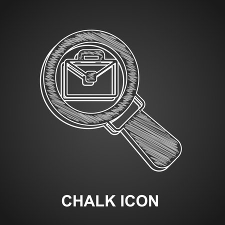 Chalk Magnifying glass with briefcase icon isolated on black background. Job hunting icon. Work search concept. Unemployment, head hunting, career. Vector.のイラスト素材